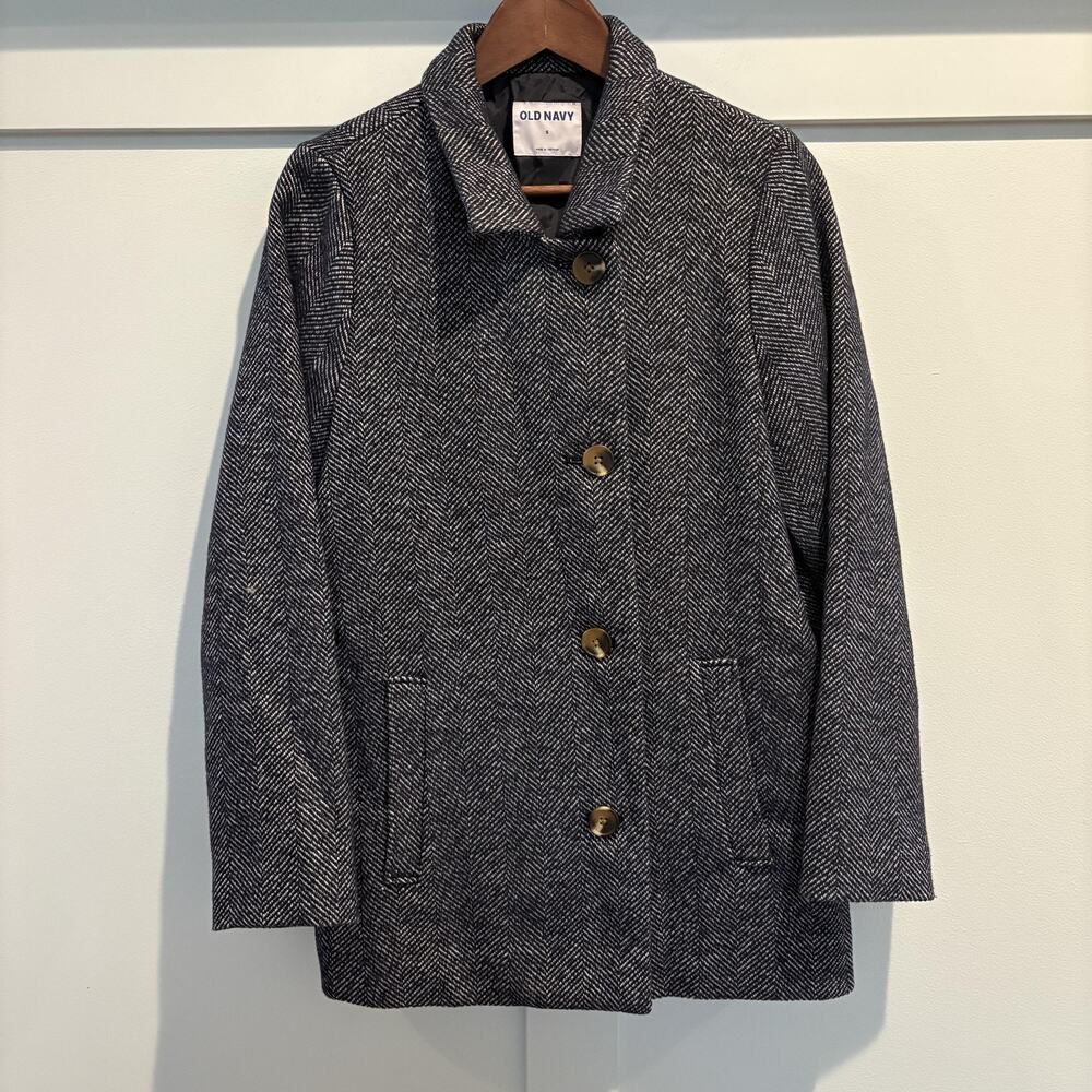 Old‎ Navy Car Coat Women Small Navy Blue Herringbone Wool Blend Preppy Academia